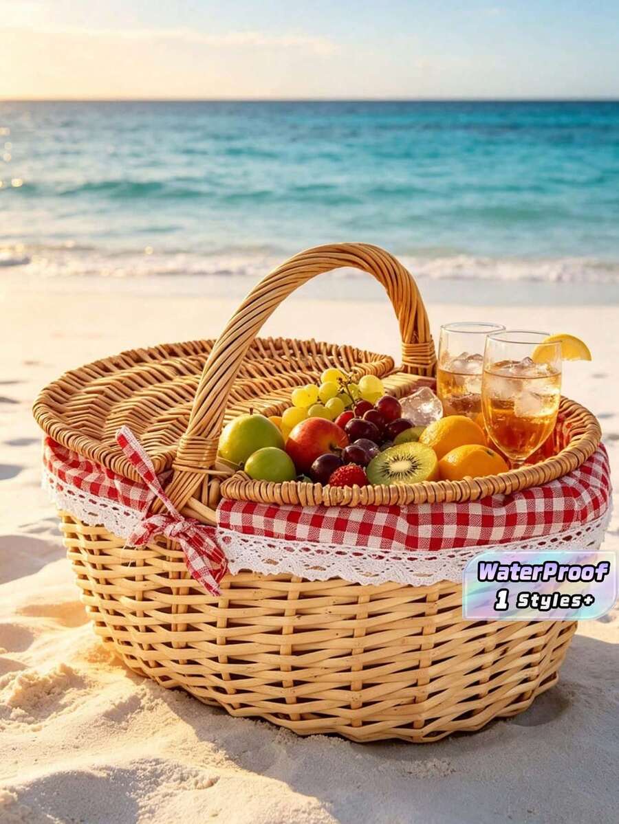 1pc Natural Wicker Picnic Basket For Camping BBQ Shopping Home Storage Holiday Decor Fruit Vegetable Basket Picnic Accessories - A - View 1
