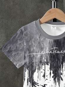 1 Set Boys' Spring/Summer Fashion New Grey & White Gradient Print Short Sleeve & Shorts 2-Piece Outfit, Cool & Stylish Summer Versatile Look, Photo-Ready Outfit, Multi-Wear Summer Style, Suitable For Daily Wear, School, Festivals, Multi-Scenario Boys' Clothing, Great Gift Choice With Atmospheric Vibe - Multicolor - View 5