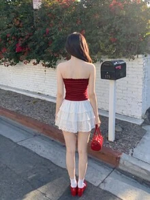 SHEIN MOD Contrast Lace Layer Hem Skirt Ruffle Skirtskirt White - White - View 5