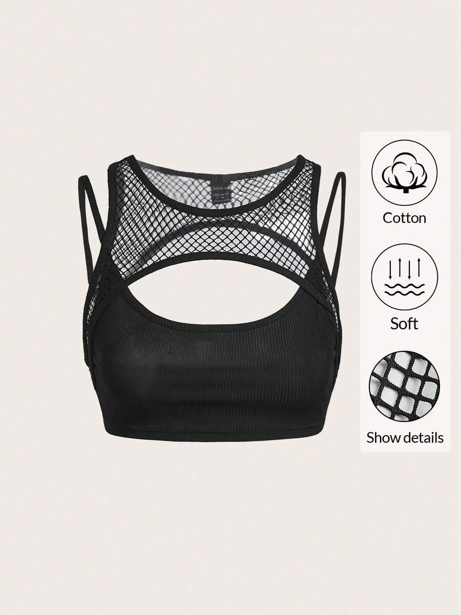 SHEIN ICON 女款黑色時尚網紗鏤空性感背心上衣,辣妹風外出穿搭 - 黑色 - 查看 1