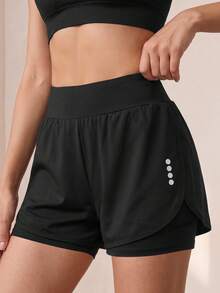 SHEIN Teen Girls Black Shorts, Casual Minimalist Yoga Wear, Tight High Elastic Fabric Comfortable Fit 4-Way Stretch, Built-In Four-Corner Safety Shorts, With Pockets Gym Shorts - Black - View 1