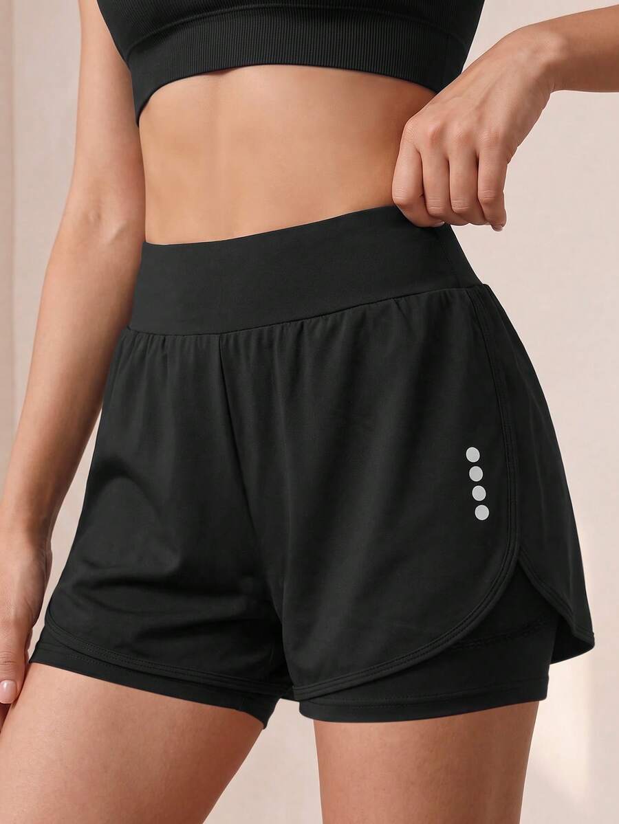 SHEIN Teen Girls Black Shorts, Casual Minimalist Yoga Wear, Tight High Elastic Fabric Comfortable Fit 4-Way Stretch, Built-In Four-Corner Safety Shorts, With Pockets Gym Shorts - Black - View 1