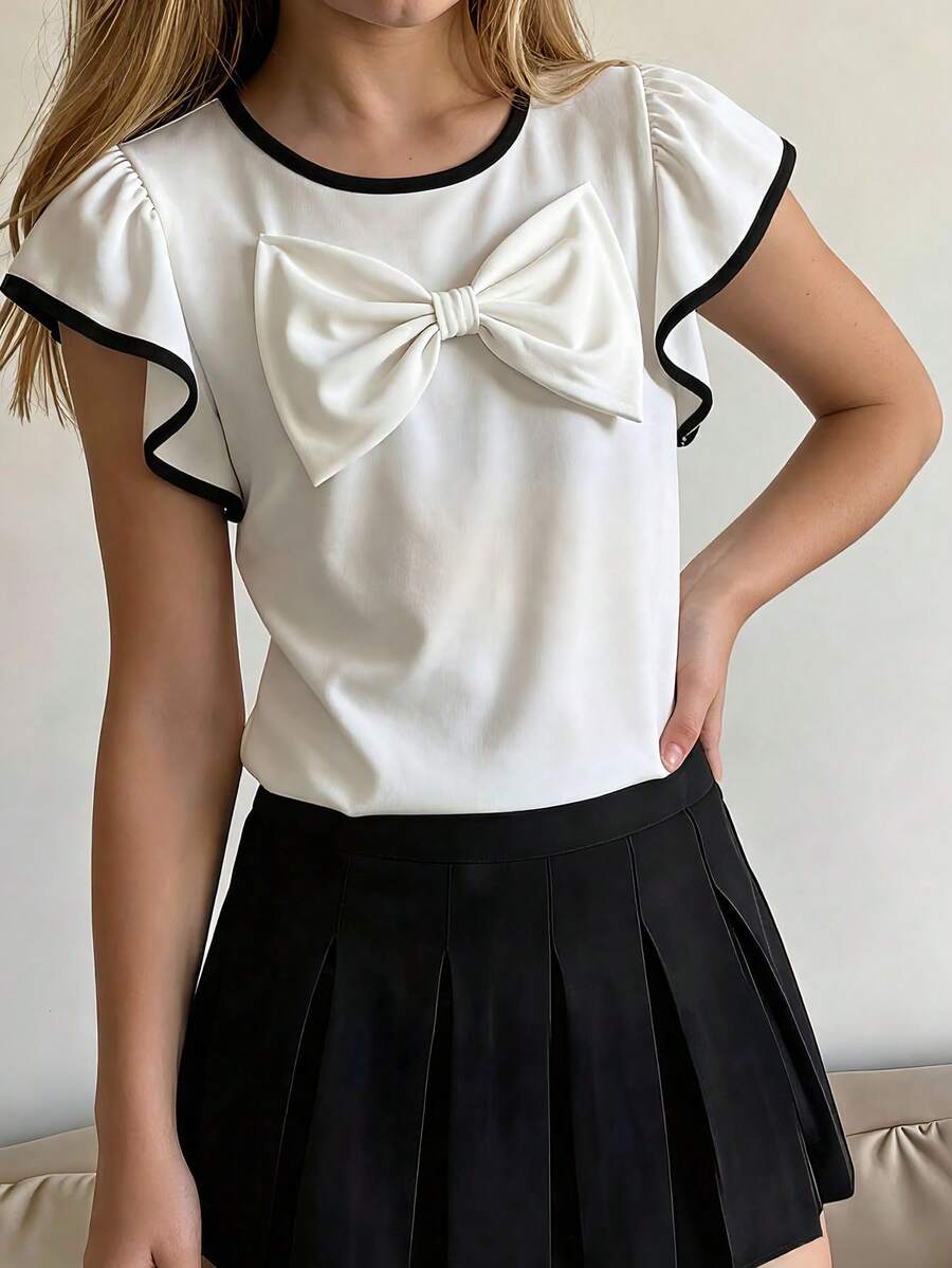 Elladie kids Girls' (Big) Summer Commute Elegant Casual Versatile 3D Flower Flutter Sleeve Ruffle Hem Round Neck Sleeveless Sister Matching T-Shirt - White - View 1