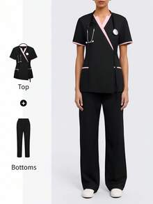TaskEZ Scrubs Set: V-Neck Short Sleeve Top & Pants Scrub Uniform For Healthcare Workers - Black - View 8