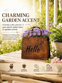 Outdoor Retro Rust Handbag Shaped Iron Flowerpot Hello/Welcome Butterfly Hollow Design Courtyard Terrace Gardening Decorative Flower Box B&B Garden Landscaping Creative Planting Container - multicolor - View 7