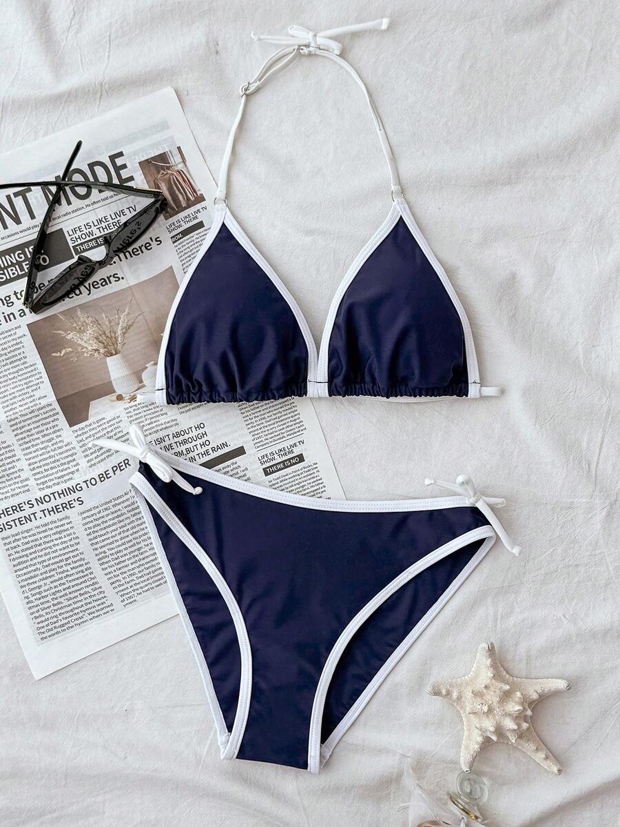 SHEIN 夏季少女纯色简约海军蓝白撞色吊带比基尼套装,休闲沙滩度假装,夏季新款少女比基尼泳装,两件式泳衣,少女两件式泳装 - 藍白色 - 查看 1