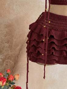 Soleia Women's Spring/Summer Romantic Tropical Boho Vacation 2 Pieces Set: Draped Neck Crochet Tank Top, Steel Bead Tassel Decor + Multi-Layer Ruffle Skirt - Burgundy - View 6