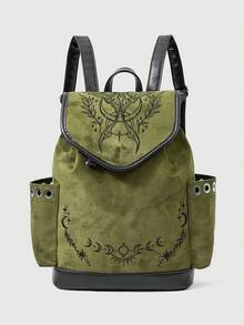 ROMWE Grunge Punk Gothic Witch Embroidery Backpack Moonworm Fern Plant Extract Backpack, Suede Drawstring Fringed School Bag - Dark Green - View 1