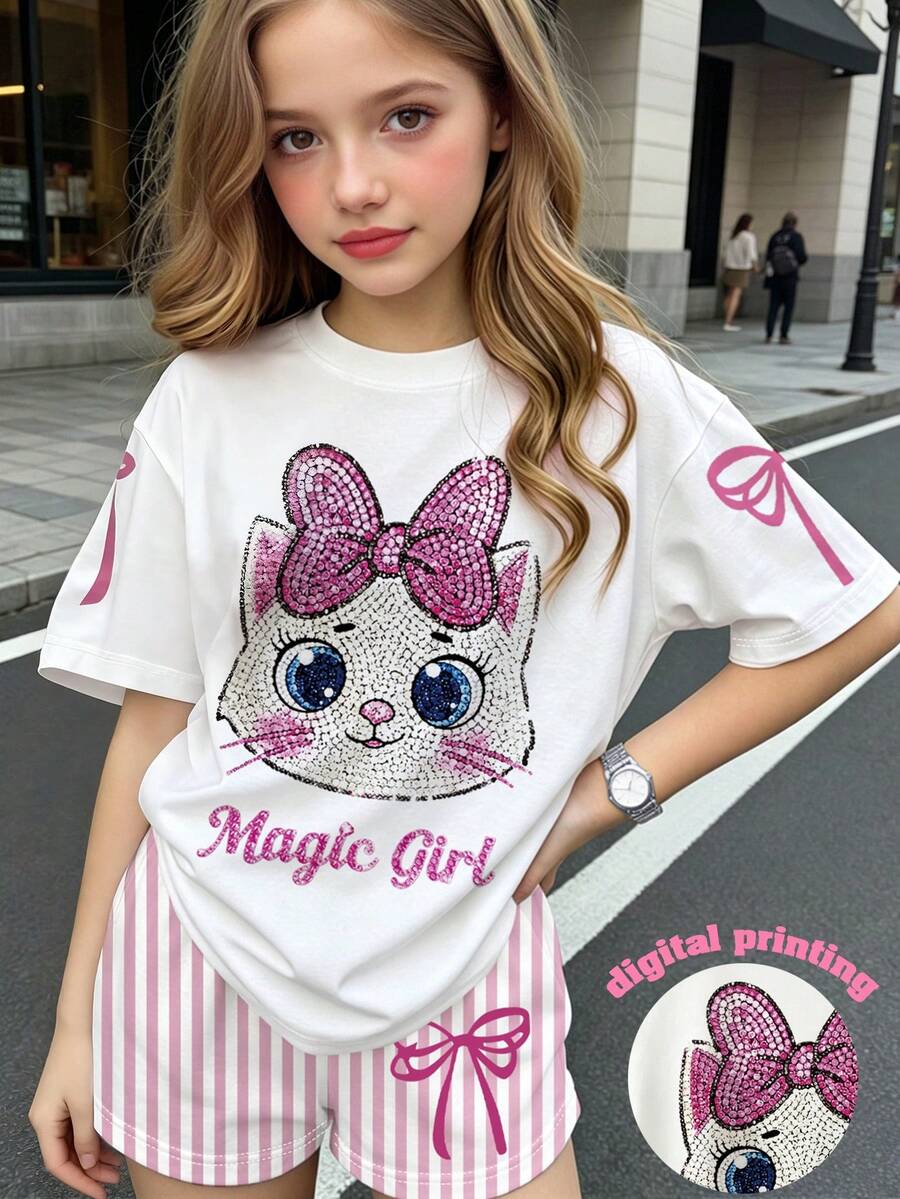 SHEIN 夏秋女童休閒可愛貓咪條紋圖案日常風格舒適休閒短袖T恤套裝，適合女童舒適夏秋風格，簡約可愛舒適日常風格穿搭套裝