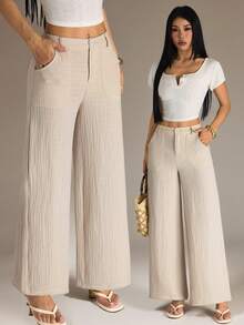 SHEIN PETITE 100% Washed Cotton Low Waist Straight Pants - Apricot - View 6