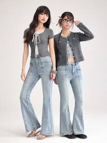 DAZY Celana Jeans Wanita Gaya Korea Model Flare dengan Detail Sobek Ukuran Petite - Biru - View 10