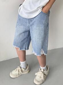 SHEIN 男童牛仔短褲，夏季，柔軟，棉質，休閒街頭風，彈性腰帶，經典五口袋設計，淺藍色水洗百慕達短褲，適合學校 - 淺色水洗藍 - 查看 6