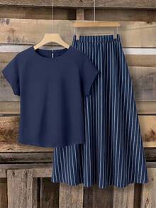 Rusticease 2件組女款度假休閒純色上衣+印花裙套裝，夏季女套裝，夏季裙子套裝，裙子與上衣套裝，女款裙子與上衣套裝，印花裙套裝 - 彩色 - 查看 7