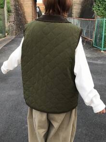 FRIFUL Women's Autumn Colorblock Diamond Quilted Padded Vest Jacket - Green - View 2