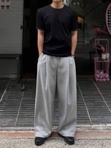DAZY Men's Long Gray Pleated Design Elastic Waist Loose Wide Leg Sweatpants - Light Grey - View 5