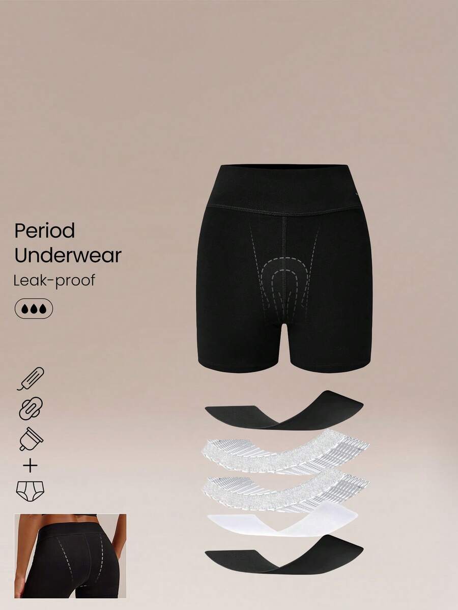 GLOWMODE Cotton Blend Keep It Confident Leakproof High-Rise Period Boyshort Underwear With 5-Layer Absorbent Gusset Menstruation Post-Partum Daily Casual Wear - Black - View 1