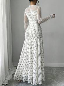 Modelyn French Design Lace Patchwork Bowknot Women's Long Dress - White - View 3
