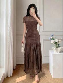 Celisse Vestido de mujer de alta gama con estampado floral romántico, elegante y de moda, de corte A, con cintura ceñida, estilo vintage francés dulce, para vacaciones y viajes - Marrón - Ver 4