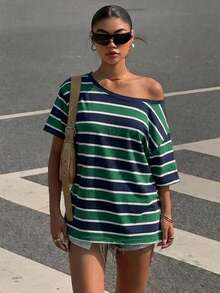 Muchica Casual Minimalist All-Over Print Off-Shoulder Loose Short Sleeve T-Shirt For Women,Summer Top - Multicolor - View 5
