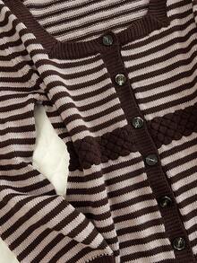 Elamini Women's Striped Contrast Color Button Square Neck 3/4 Sleeve Cute Delicate Versatile Knit Cardigan - Brown - View 6