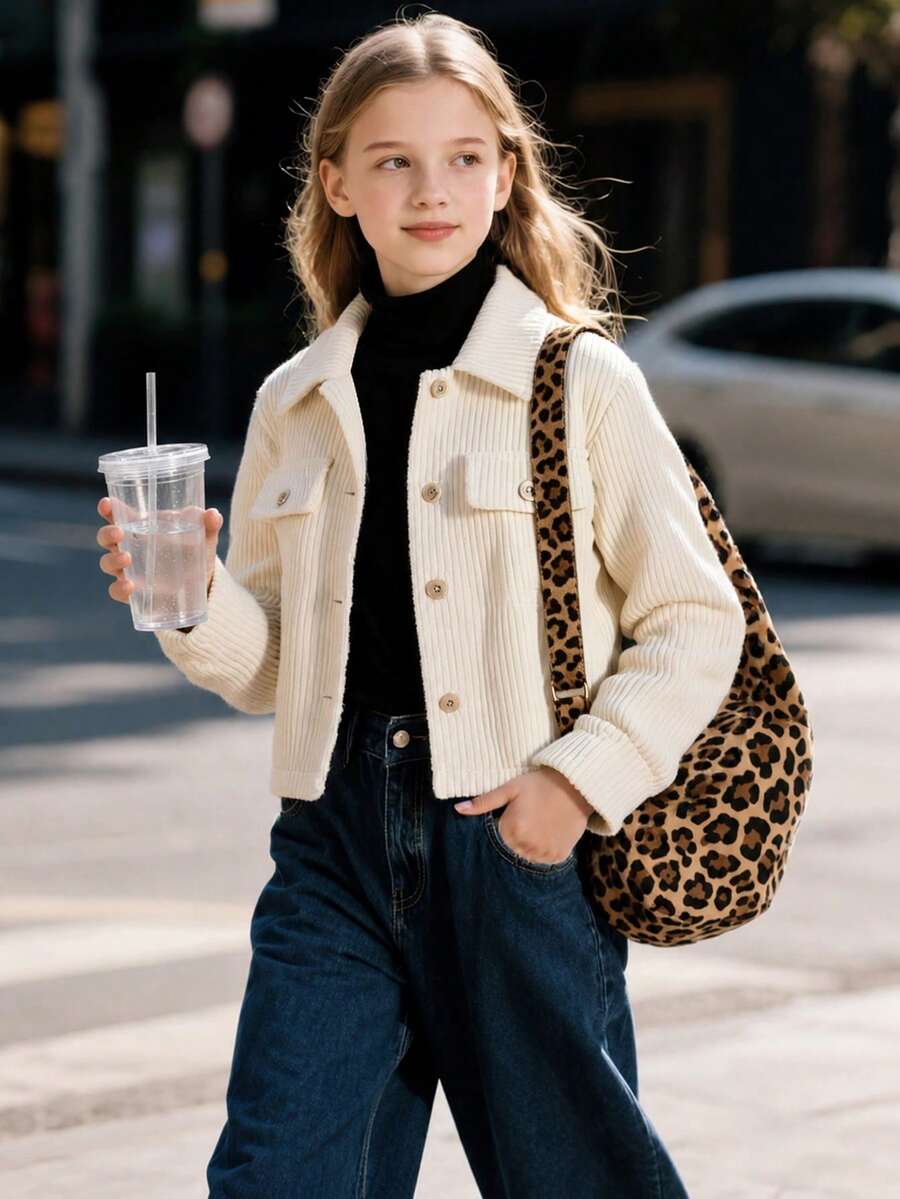 SHEIN 女童纯色百搭简约日常翻领夹克,适合秋冬季 - 米色 - 查看 1