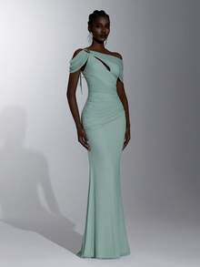 Elitara Elegant Sage Green Mesh One Shoulder Asymmetric Ruched Pleated Bodycon A Line Floor Length Bridesmaid Evening Gown Formal Wedding Guest Prom Party - Green - View 7