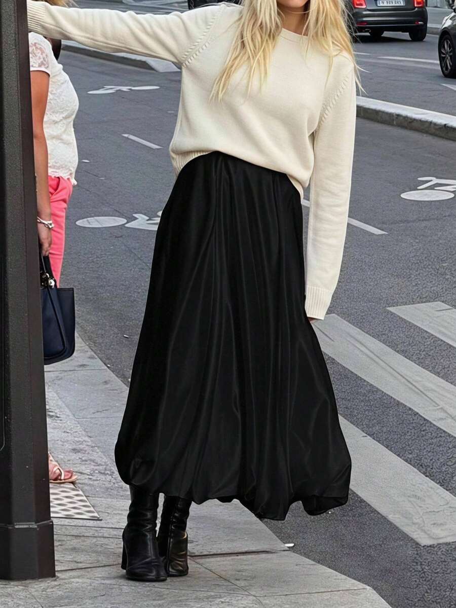Serisse 女式纯色松紧腰长款休闲裙 - 黑色 - 查看 1