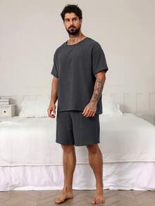 DAZY Conjunto de pijama de verano gris sólido para hombres, ropa de vuelta al colegio - Gris Oscuro - Ver 3