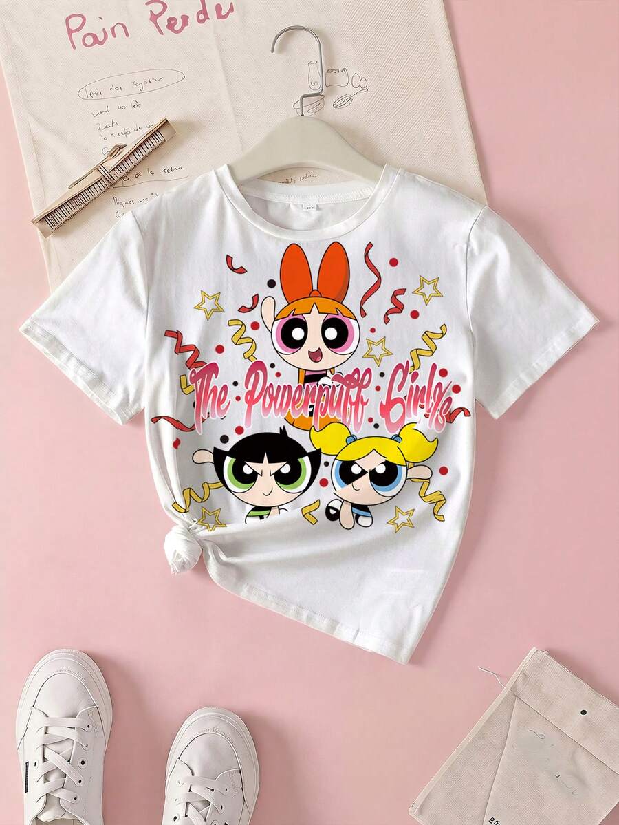 THE POWERPUFF GIRLS X SHEIN 青少年女孩字母卡通印花休閒百搭日常短袖T恤 - 白色 - 查看 1