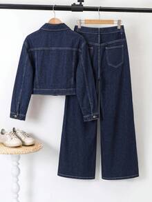 SHEIN Teen Girls Deep Blue Denim Short Shirt & Loose Long Pants 2pcs Set Pair With A White Shirt - Blue - View 3