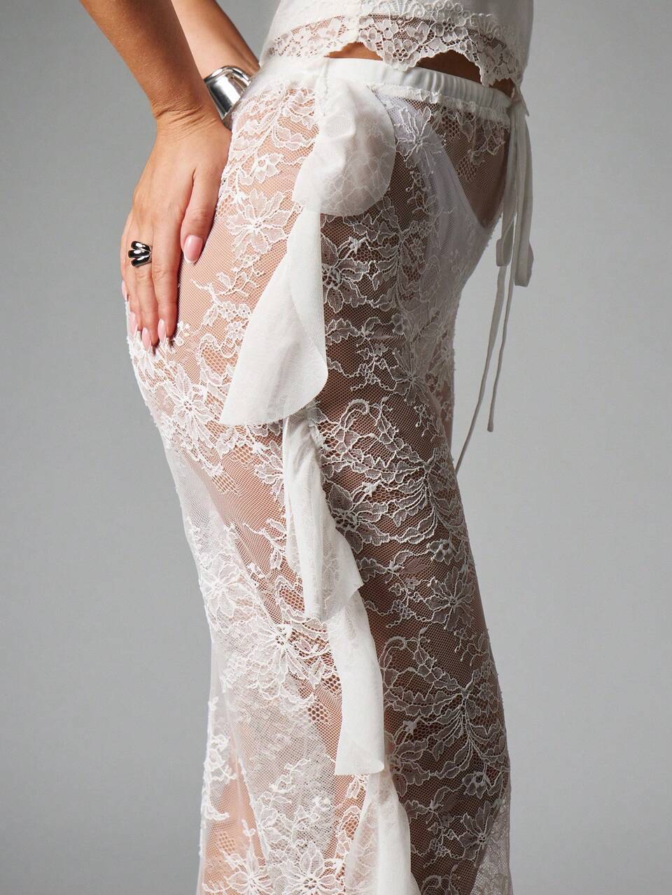 MISSGUIDED Sheer Floral Lace Pants With Ruffle Detail