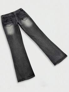 Manfinity Roghcode Men's American Vintage Niche Washed Horseshoe Denim Jeans Slim Fit Stretch Flared Leg Long Pants - Black - View 5