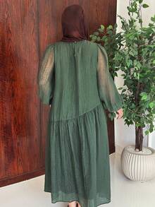 Solavon Plus Size Women's Green Pleated Casual Everyday Summer Dress Fall - Army Green - View 2