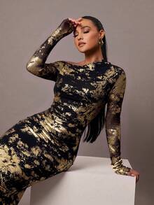 Silquee 女款金色箔紋不對稱單肩長袖抓皺修身優雅洋裝，秋季萬聖節聖誕節奢華正式節慶禮服 - 黑色 - 查看 5