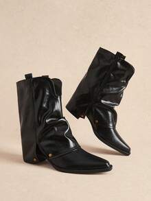 Rosivie 復古西部風 Y2K 開衩長筒靴，柔軟皮革百褶疊層靴，方頭粗跟鉚釘中筒女靴，黑色 - 黑色 - 查看 4