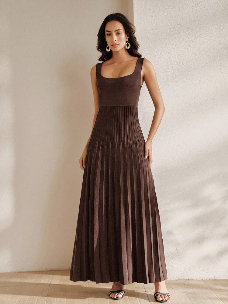 Anewsta Essential Summer Elegant Elegant Solid Color Heavyweight Knit Low Neck Slim Fit Pleated Women's Knit Dress - Coffee Brown - View 4