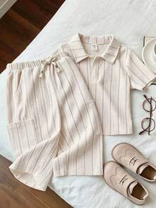 SHEIN 2pcs/Set Baby Boy/Girl Apricot Summer Casual Work Khaki Striped Collar Short Sleeve Knit Shirt Top And Pants Set,Versatile Comfortable Daily Outfit - Apricot - View 9