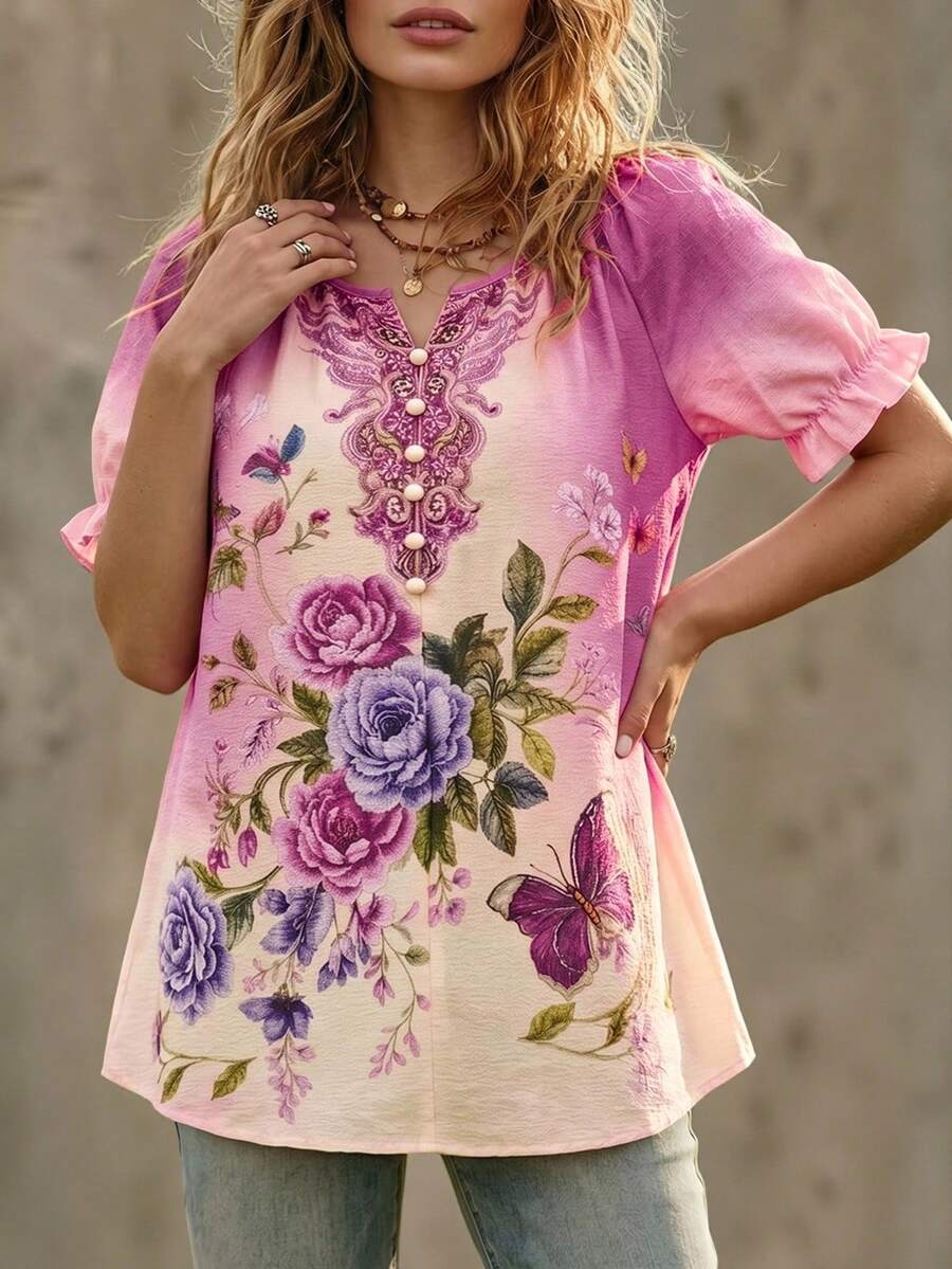 Ceyna 大尺碼女款法式休閒優雅印花短袖襯衫 - 彩色 - 查看 1