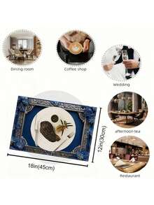 1/4/6pcs Blue Floral Linen Placemat 12x18 Inch With Geometric Border Design For Dining Room Kitchen Table Decor Party Banquet Wedding Christmas Holiday Dinner Home Entertaining Gift For Housewarming Anniversary Celebration - Multicolor - View 7
