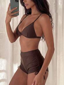 SHEIN Swim 女款抽繩抓皺短褲泳裝下身，適合海灘度假 - 棕色 - 查看 4