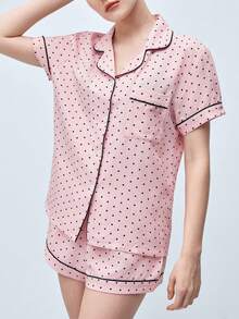 Softvol 2pcs Comfortable Mini Dot Print Pajama Set, Short Sleeve Collared Top With Pocket And Bow Shorts, Women Sleepwear Homewear For All Seasons - Pink - View 5