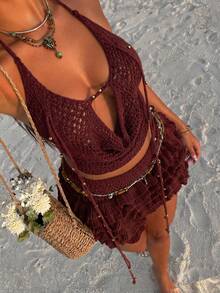 Soleia Women's Spring/Summer Romantic Tropical Boho Vacation 2 Pieces Set: Draped Neck Crochet Tank Top, Steel Bead Tassel Decor + Multi-Layer Ruffle Skirt - Burgundy - View 12