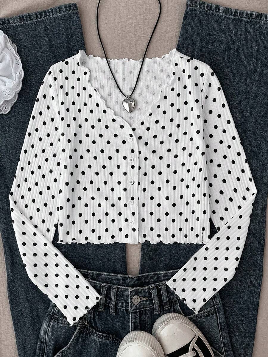 SHEIN Tween女孩時尚休閒針織波點秋季開襟衫 - 黑與白 - 查看 1