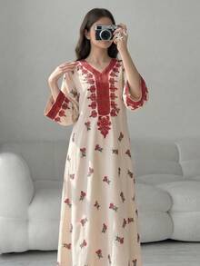 SHEIN 少女碎花V领长袖宽松连衣裙 - 彩色 - 查看 2