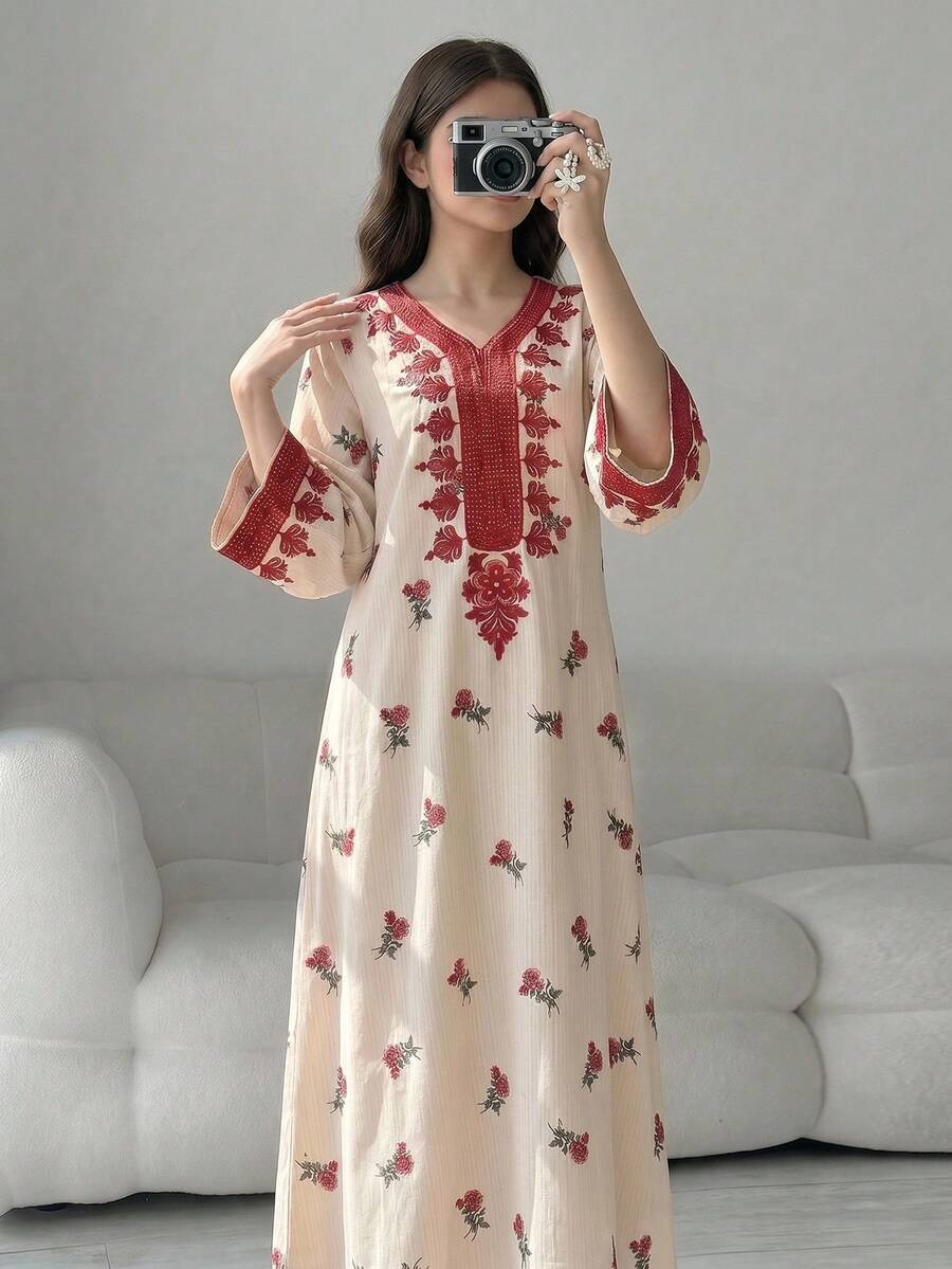 SHEIN 少女碎花V领长袖宽松连衣裙
