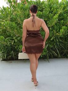 MDEdit &Elegant Lace Patchwork Satin Mini Dress,Shades Of Brown,Summmer,Tropical,Cocktail Birthday Wedding Guest Brunch Outfit Women, Evening Dress Summer - Coffee - View 2