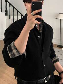 DAZY Men's Black Long Sleeve V-Neck Cardigan Sweater With Ribbed Hem And Cuffs For Commuting - Black - View 8