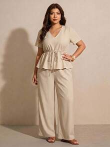 SHEIN Essnce Khaki Striped Shirt And Pants 2 Pieces Set, Plus Size - Multicolor - View 4