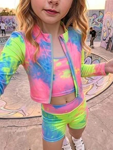 SHEIN 少女紮染印花長袖拉鍊上衣、圓領背心與短褲運動套裝 - 彩色 - 查看 4