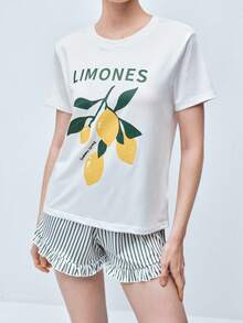Softvol 2pcs Women Printed Short Sleeve Top + Elastic Waist Shorts Pajama Set - White - View 6